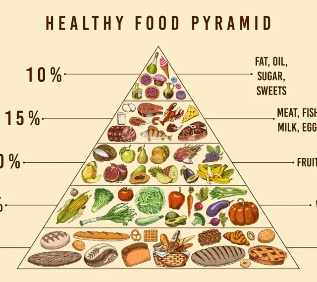 La piramide alimentare mostra le proporzioni ideali di cibo: cereali, verdura, frutta, proteine e grassi/zuccheri.