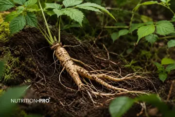 Radice di ginseng appena estratta dal terreno, con foglie verdi e un logo "Nutrition Pro". Si dice che il ginseng abbia notevoli ginseng effetti sessuali.