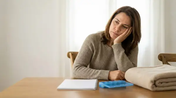 Donna pensierosa appoggiata al tavolo, con un quaderno, un contenitore per il ghiaccio e una coperta piegata. È un momento in cui la stanchezza deve preoccupare.