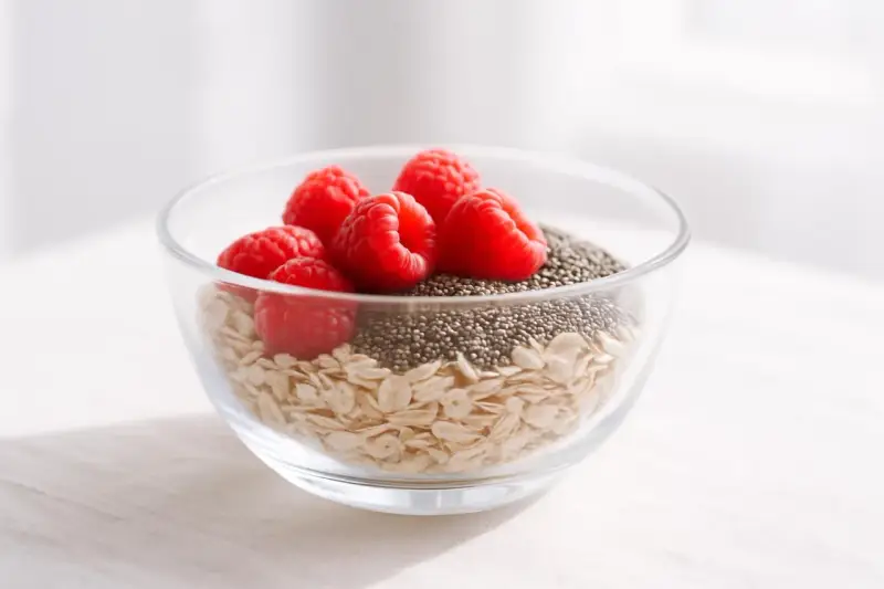 Una ciotola di vetro con fiocchi d'avena, semi di chia e lamponi, esempi di alimenti ricchi di fibre quali sono.