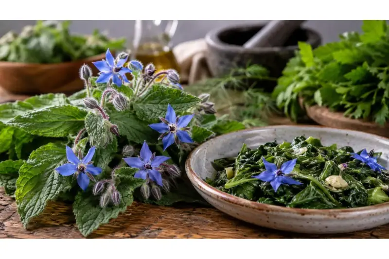 Pianta velenosa borragine tossica, con fiori blu stellati e foglie pelose, accanto a un piatto di verdure cotte.