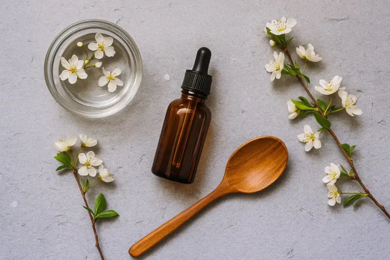 Flacone ambrato, cucchiaio in legno e delicati fiori di Bach su sfondo grigio.