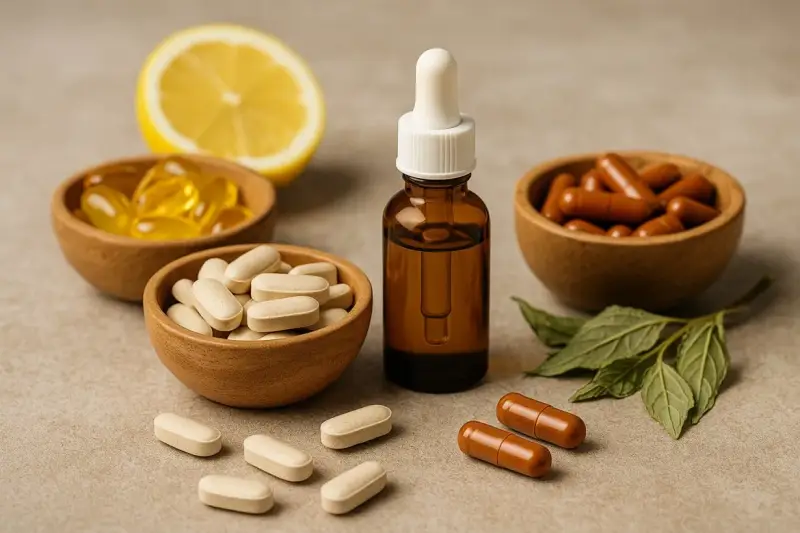 Integratori alimentari in ciotole di legno, una bottiglia di gocce e spicchio di limone, per un apporto di vitamina D.