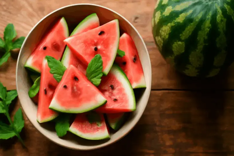 Fette di anguria succosa in una ciotola, perfette per un'estate rinfrescante e con poche calorie.