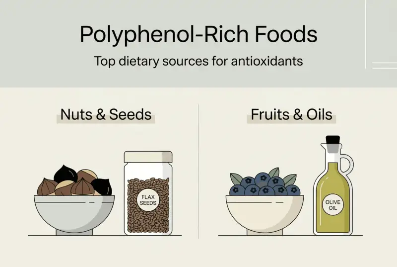 Cosa sono i polifenoli? Fonti alimentari ricche di antiossidanti: frutta, olio d'oliva, noci e semi di lino.