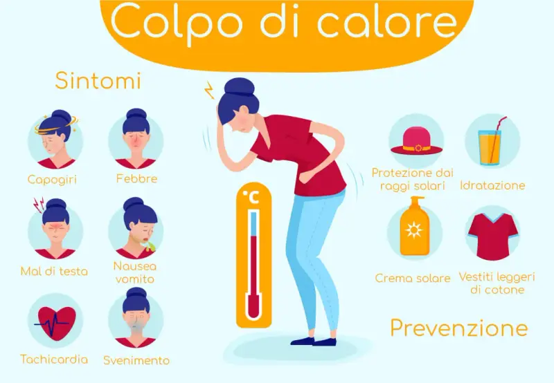 Sintomi del colpo di calore: capogiri, febbre, mal di testa, nausea, tachicardia, svenimento. Prevenzione: protezione solare, idratazione, vestiti leggeri.